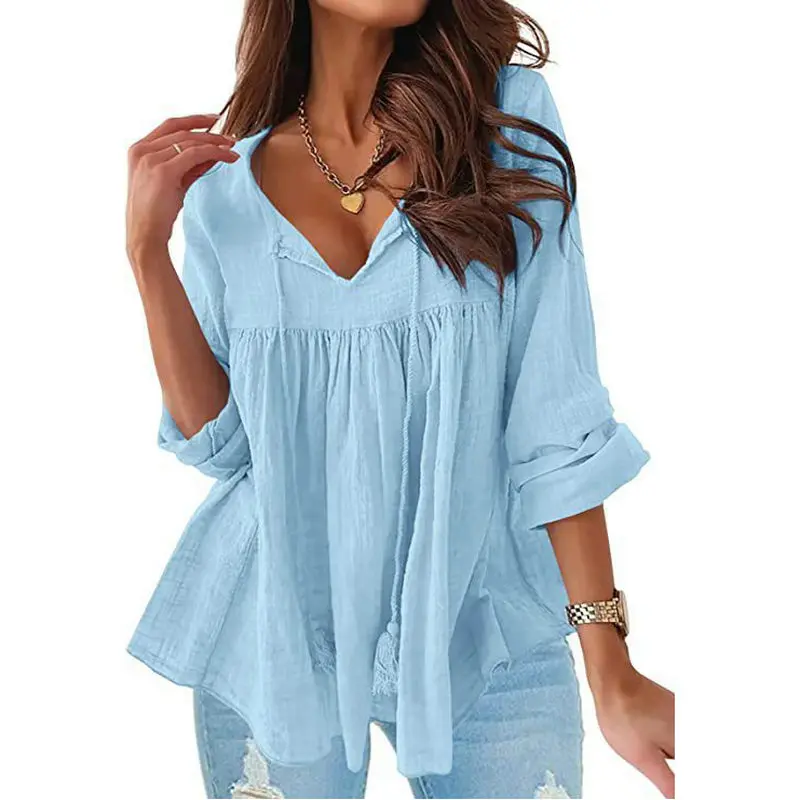 

Women's V-Neck long Sleeve Cotton and Linen Blouses Solide Color Shirts Beautiful Ladies Spring Summer Casual Drawstring Blouse