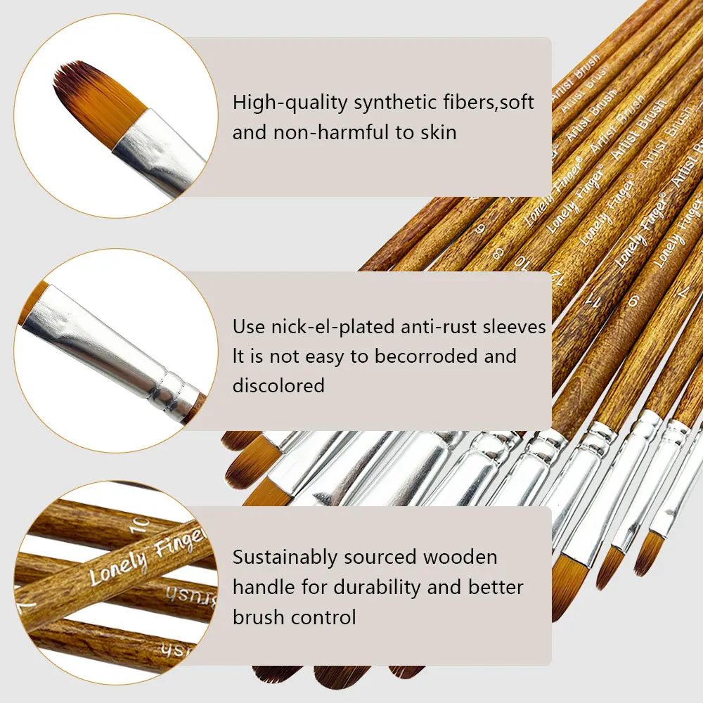 Artist Filbert Paint Brushes Set 12pcs, Soft Anti-Shedding Nylon Hair Wood Handle for Acrylic Oil Watercolor Gouache Paint 5