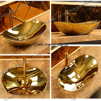 อ่างล้างหน้าแบบอินโกต์สไตล์ยุโรป ชุบด้วยทองและเงิน อ่างล้างหน้าสำหรับใช้ในบ้าน อ่างเซรามิกสำหรับโรงแรม 1