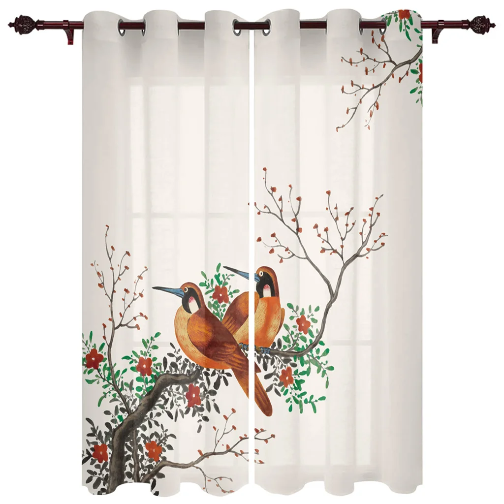 

Chinese style Chinese painting flowers and birds 3D digital printing curtain Living room study 90g polyester fiber two panels