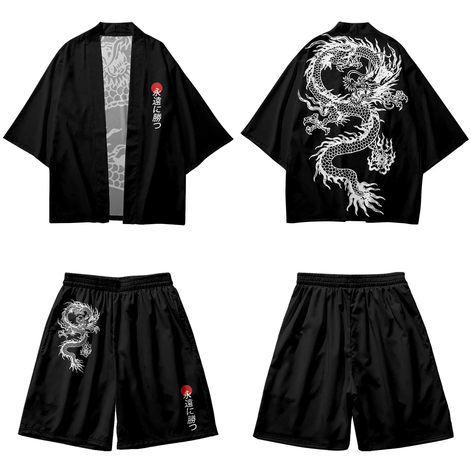 Summer Two-piece Suit Vintage Japanese Loose Cardigan Haori Yukata Green Demon Print Kimono Shorts Sets