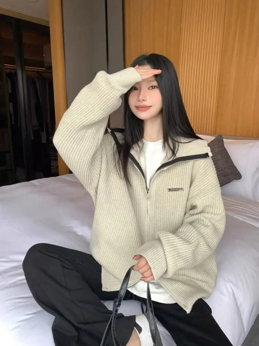 루즈핏 스웨터 가디건 루즈핏 색상 조합 칼라업 더블 지퍼 루즈핏 스웨터 가디건 니트 가디건 스웨터 가디건