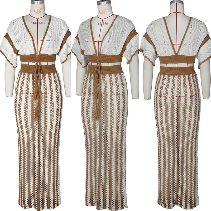 Striped Knitted Two Piece Set Women Outfit Y2K Clothes Clubwear Party Hollow Out V-neck Crop Top and Long Skirt Maxi Dress Sets - Image 5