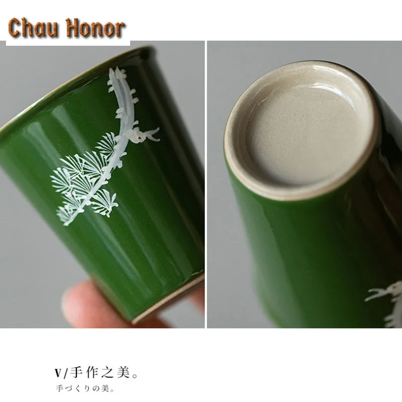 2pc/set Hand Painted Matsukaze Art Ceramic Tea Cup Japanese Emerald Glaze Small Boutique Single Master Cup Kung Fu Teaware 45ml