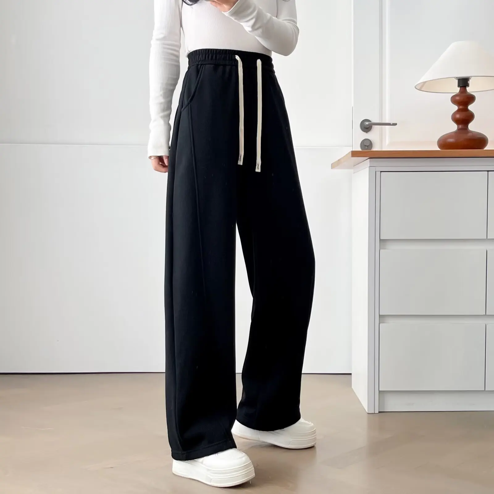 XXXXL Fashion Plus Size Women's Straight Pants Winter Style Simple Fleece And Thickened Warm Wide Leg Trousers 2862