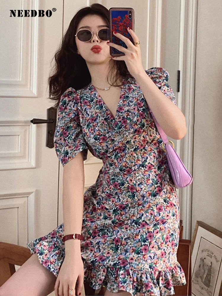 

NEEDBO Women Summer Vintage Party Dress Slim V-neck Floral Dress French Retro Floral Waist Short-sleeved Skirt Vestido 2022
