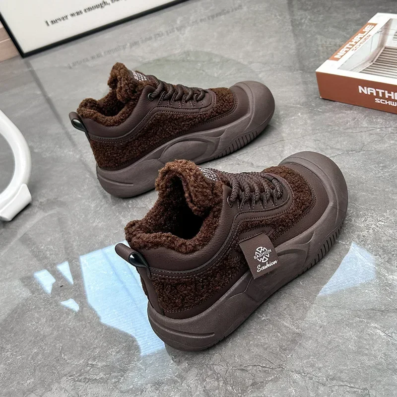 Hot Sales Women 2023 Winter New Padded High-top Shoe Students Thick Bottom Casual Sneakers 2024 Chunky Lamb's Wool Cotton Shoes