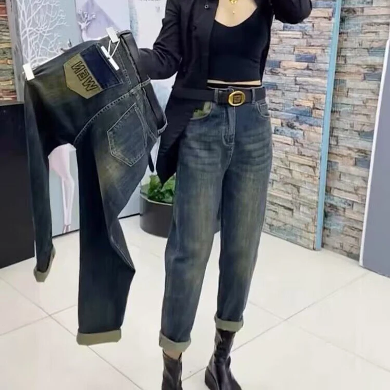 

Harlan jeans Women's New Autumn Winter Large Size High Waist Stretch Jeans Show Thin Radish Daddy Pants Female Casual Trousers