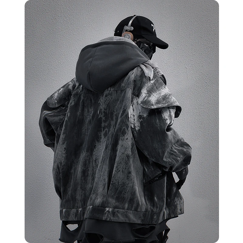 Unisex High Street Functional Cargo Jacket Techwear Fake two-piece Tactical Windbreaker Coats Streetwear Men's clothing Oversize 2