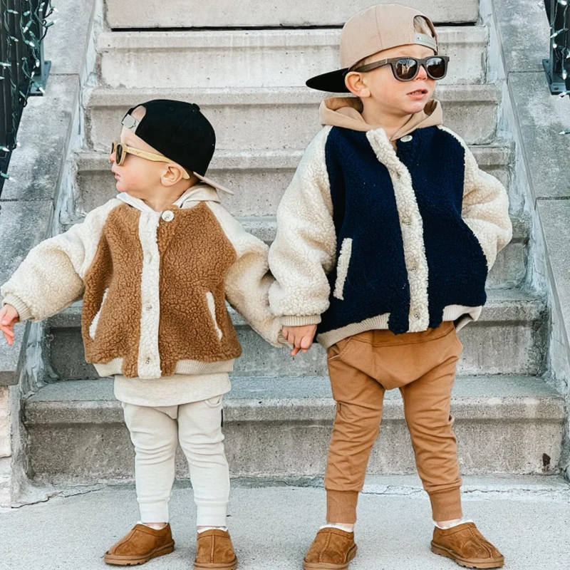 FOCUSNORM 0-4Y Autumn Winter Toddler Baby Boys Fleece Coat Contrast Color Long Sleeve Button Cardigan Jacket Outwear