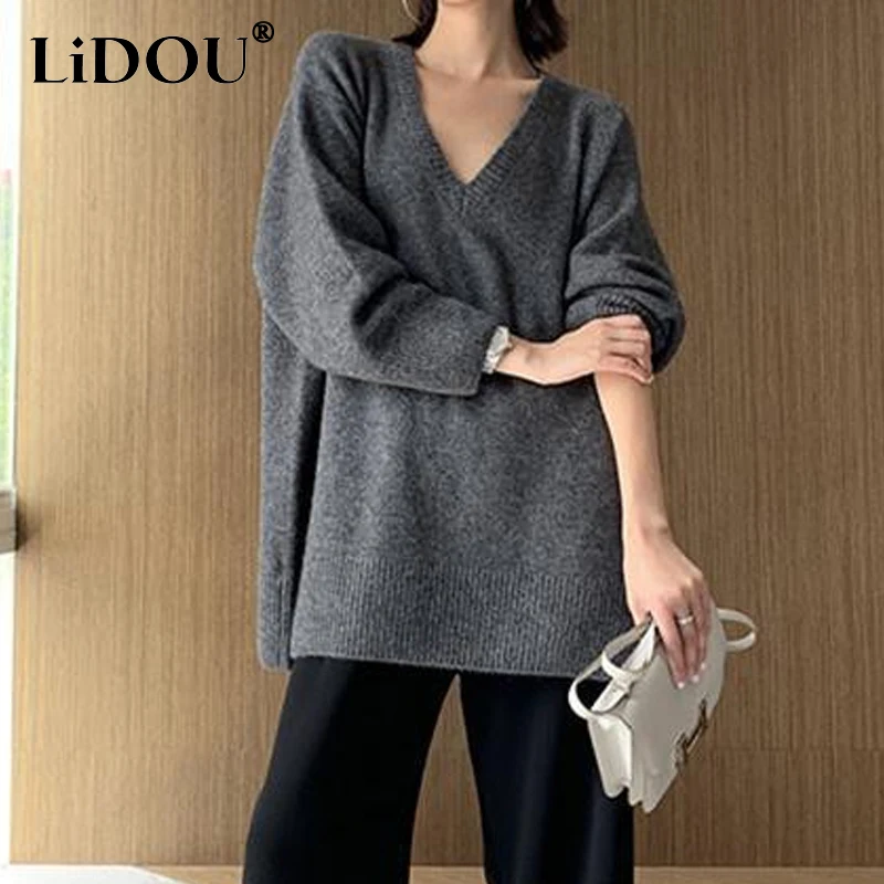 

Autumn Winter New Solid Color Fashion Long Sleeve Sweater Women High Street Casual Comfortable Mid-length Elegant Pullovers