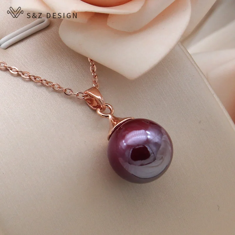 S&Z DESIGN New Fashion Wine Red Round Beads Pendant Necklace For Women Party 585 Rose Gold Color Collarbone Chain Jewelry