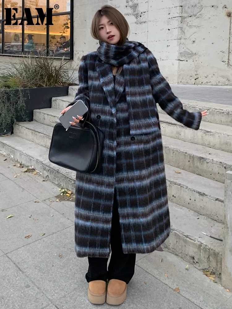 

[EAM] Loose Fit Blue Plaid Big Size Long Woolen Coat New Lapel Long Sleeve Women Jacket Fashion Tide Autumn Winter 2024 1DH2834