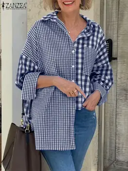 ZANZEA 2025 Autumn Plaid Checked Shirt Women Fashion Long Sleeve Lapel Neck Tops Casual Patchwork Blouse Loose Work OL Blusas