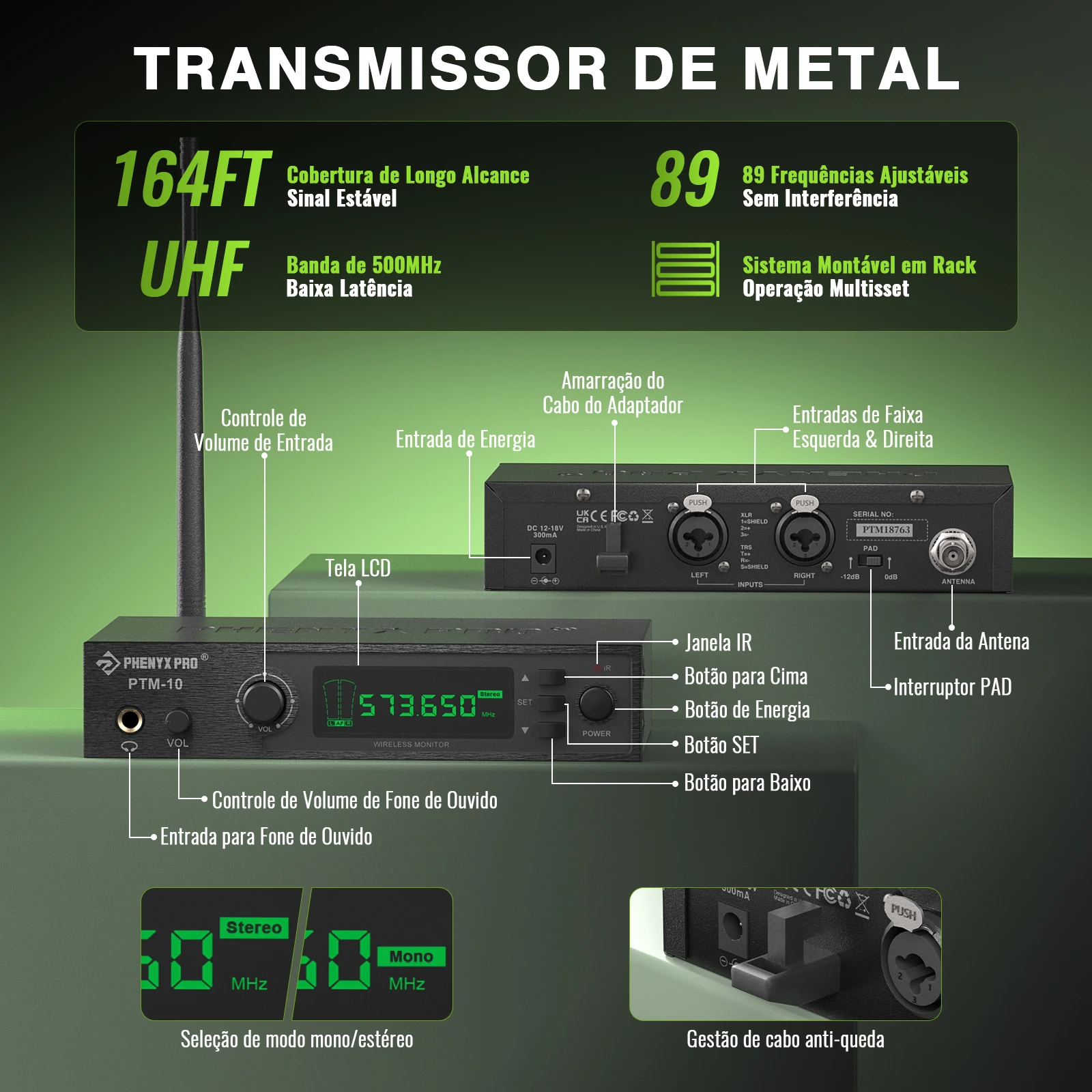 Wireless In Ears Monitor System Phenyx Pro PTM-10 Stereo Stage Return Bodypack Receiver IEM system 900MHz/500MHz Frequency Band