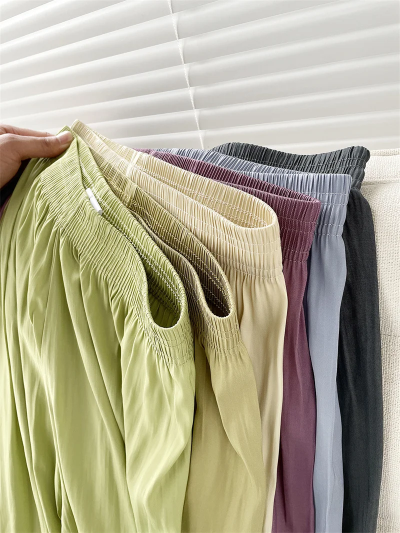Summer Thin Loose Wide-leg Pants Women's Ice Silk Casual Pants Elegant Elastic Waist Straight Trousers Lady Sport Pants