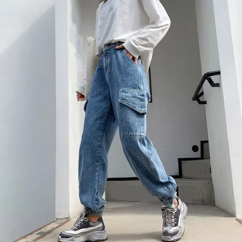 

Women Elastic High Waist Denims Cargo Pant with Flap Pockets Casual Loose Solid Button Fly Jeans Jogger Straight Trouser