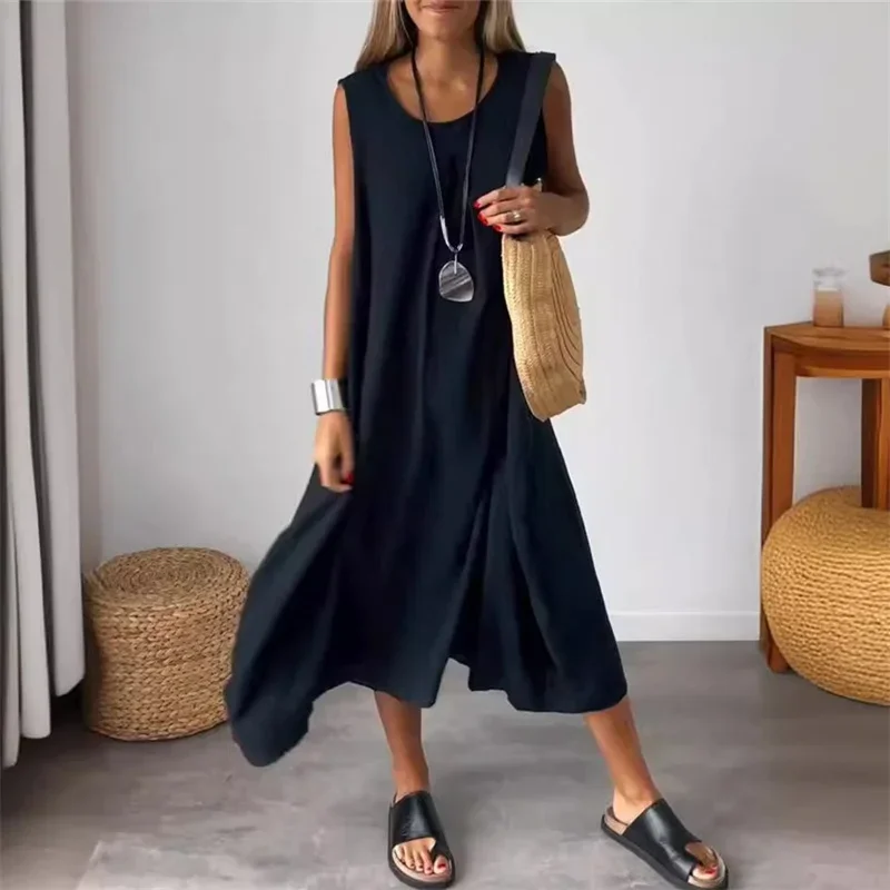 Solid Color Cotton Linen Side Pockets Dresses Women O Neck Pullover Dress  Summer Korean Comfortable Casual Female Long Gown 2024 - AliExpress