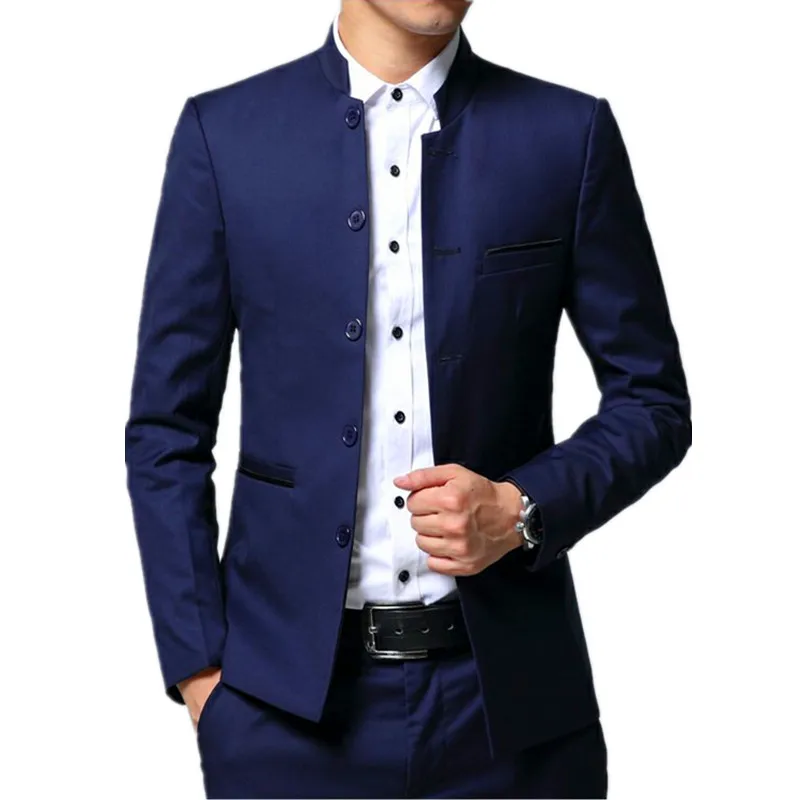 White Single Breasted Stand Up Collar Suit 2 Piece Set Men Business Wedding Slim Fit Blazer Coat Pants Vest Red Blue Dress Suits formal suit business men clothing