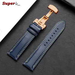 Premium Genuine Calfskin Leather Watch Strap with Butterfly Buckle and Dual Stitching - 22mm (Blue - REGD)