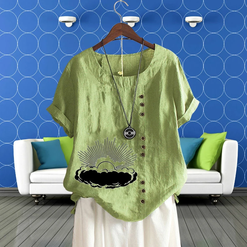 

Round Neck Printed Loose Linen Short Sleeve Women's Fashion T Shirt Lady's Sun Cloud Pattern Casual T Shirt Top Pullover