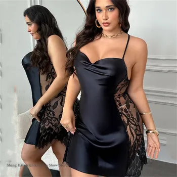 PLUS SIZE SEXY Perspective Lace Lingerie Nightgown Temptation Mini Nightdress Mujer Lencerias Ice Silk Nighty HomeWear Sleepwear 2