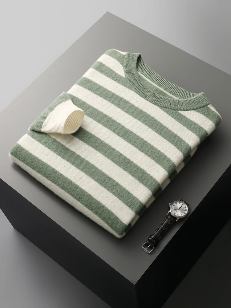 CHICUU Autumn Winter Men's O-neck Striped Wool Pullover Basic Casual Long Sleeve Cashmere Sweater 100% Merino Wool Knitwear Tops 6