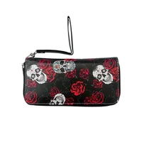 Wallet Color Rose Skull Long Wallet, Retro Skull Print Women's Clutch, Zipper Position Randomly 1