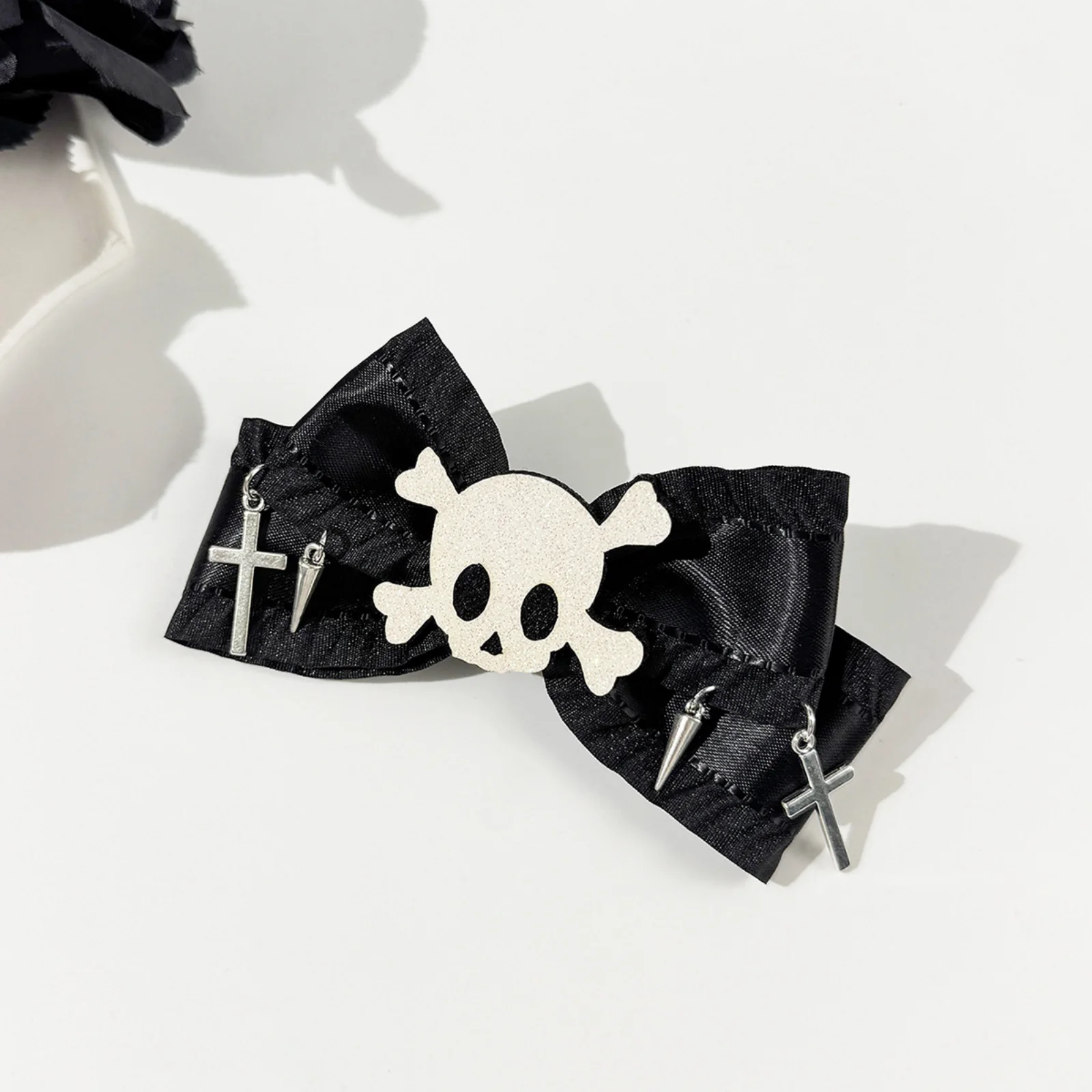 1PC Halloween Gothic Hair Clips Set, Skull & Cross Design, Black Bow Hair Accessories For Spooky Style