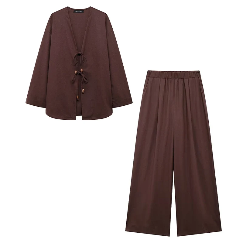 thumbnail image 1 of HH TRAF Conjunto de 2 piezas para mujer, chaqueta tipo kimono de algodón y lino con cuello en V, manga larga, cordones y pantalones anchos de lino con cintura elástica, 1 of 5
