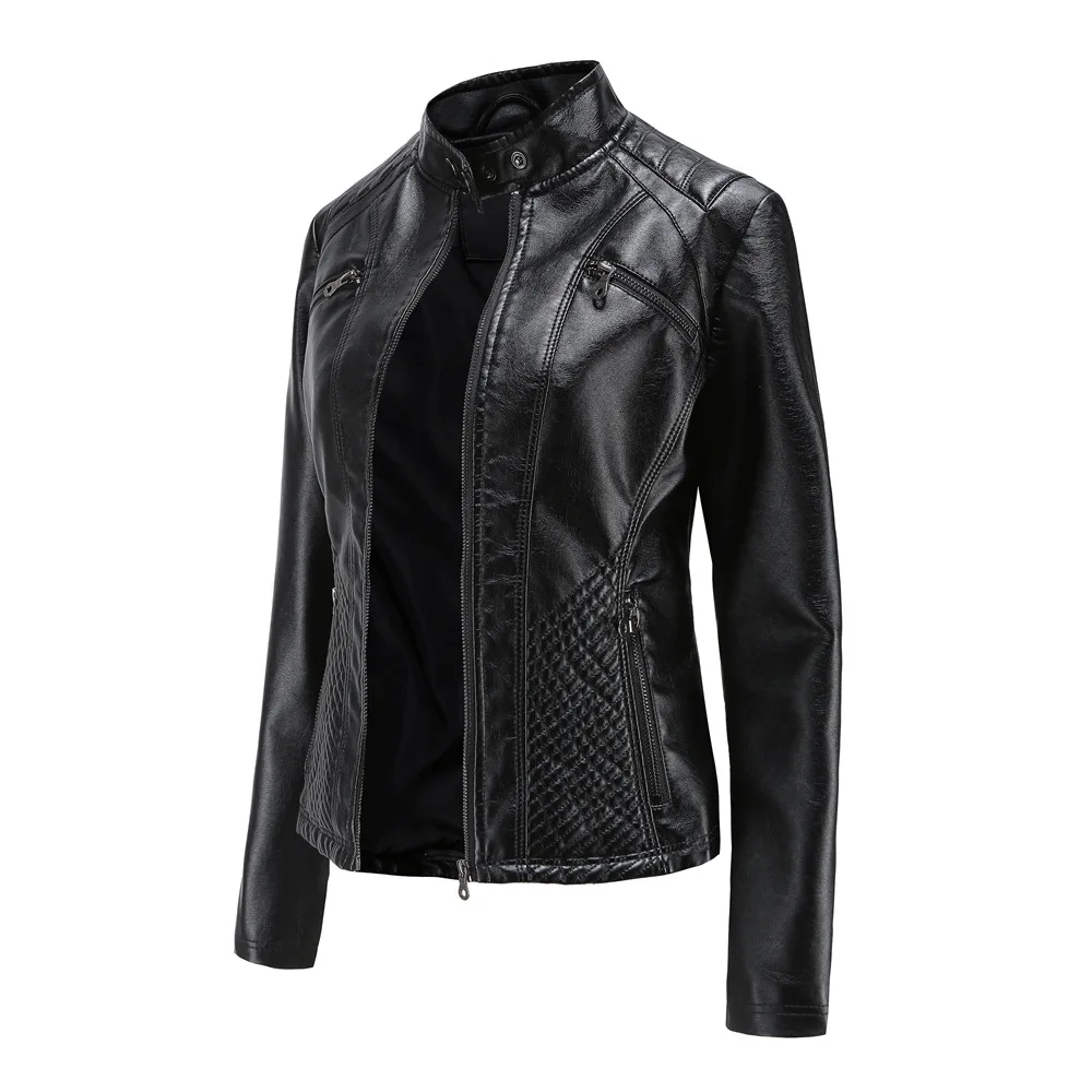 Spring Standing Collar Leather Jacket Europe and The United States Slim Jacket Solid Color Biker Clothes Urban Commuter