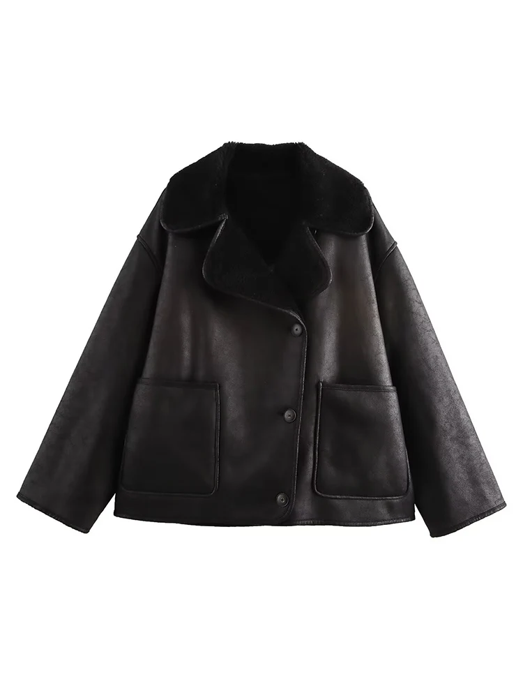 Autumn New Women's Loose Jacket Fashion Faux Fur Leather One Piece Pocket Jacket Coats Female Casual High Street Outerwear