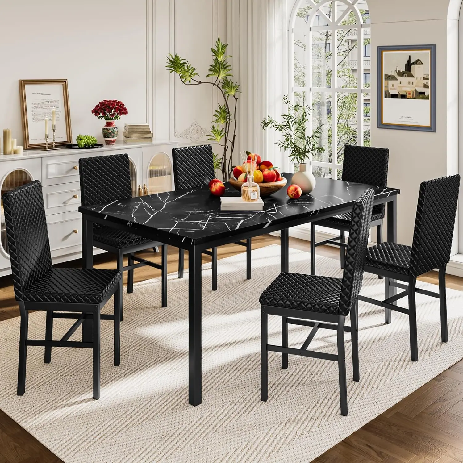 Dining Table Set for 6, Faux Marble 7 Piece Dining Table Set with Chairs, Kitchen Table Set with PU Leather Dining Chairs