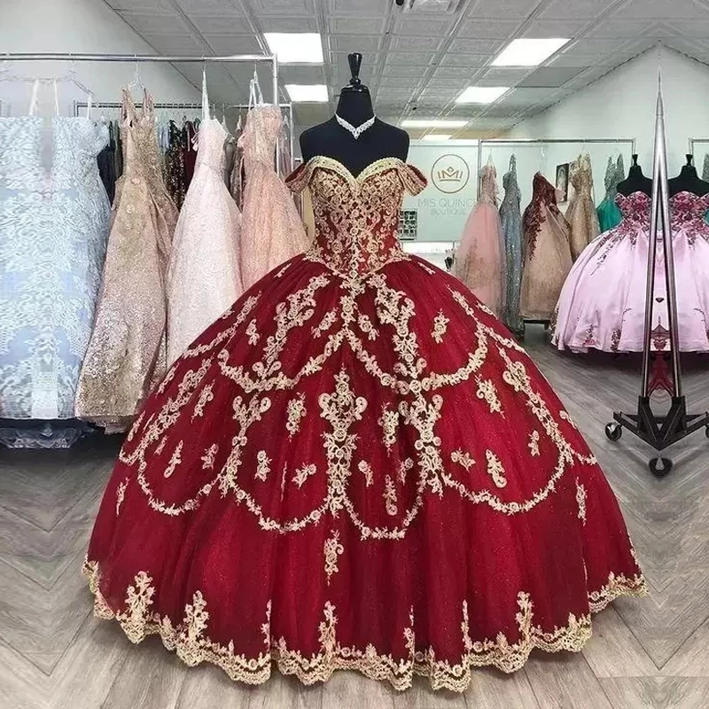 

Burgundy Quinceanera Dresses Gold Appliques Sweet 16 Princess Ball Gown Grils Party Off Shoulder V Neck Vestido De 15 Anos 2023