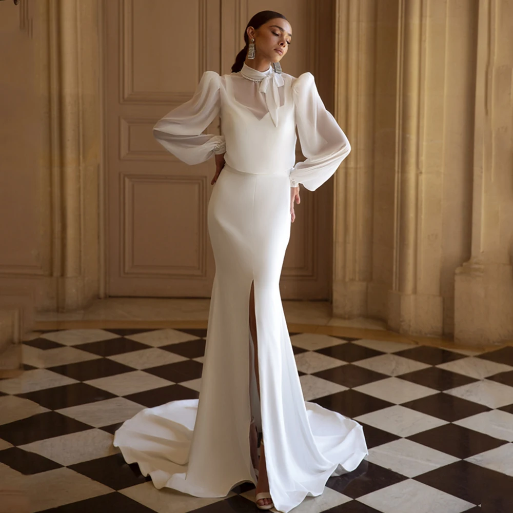 

Furtanseo 2 Pieces Wedding Dresses Mermaid Split Bride Dress White Bobo Beach Satin Floor Length Wedding Evening Gowns Custom