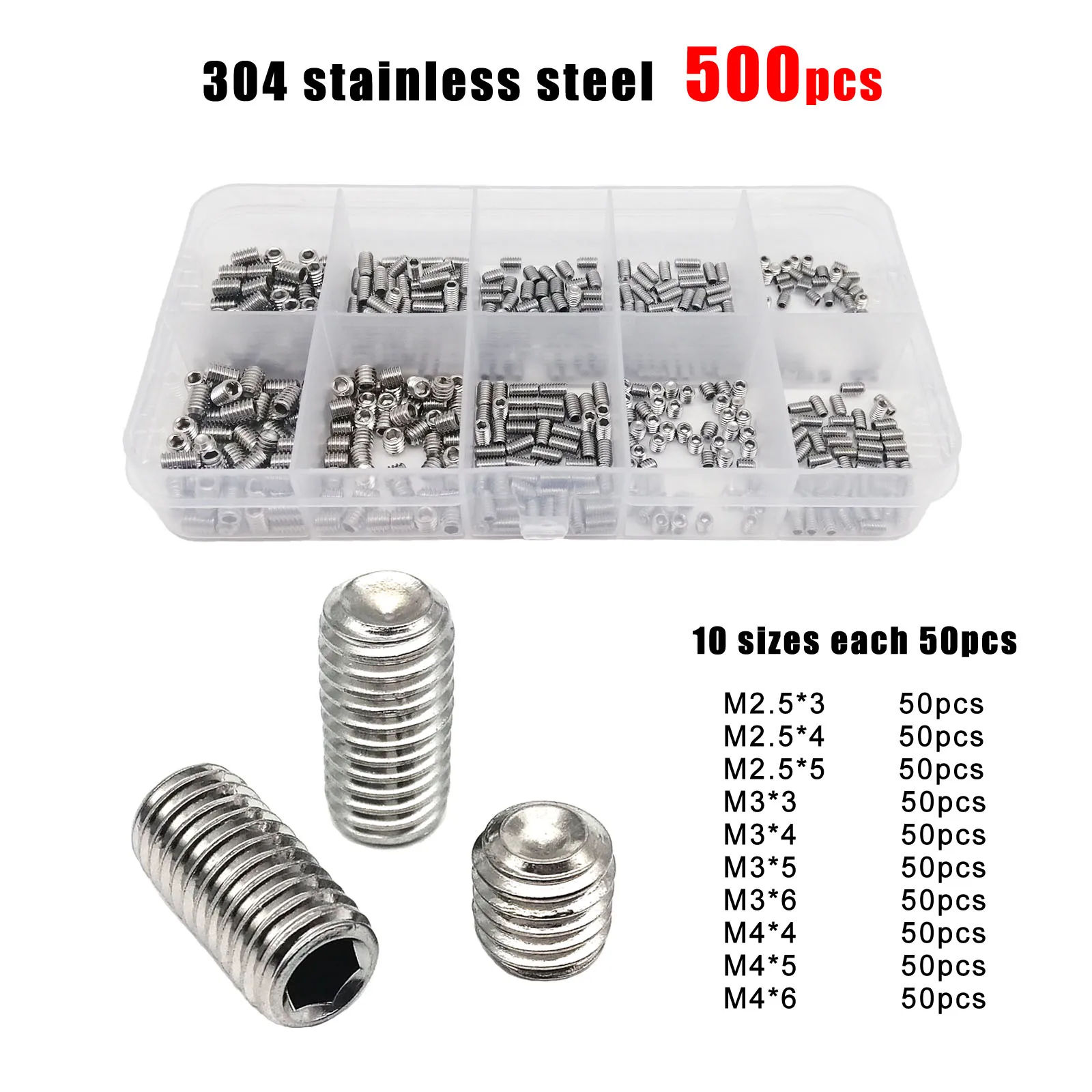 DIN916 Hex Socket Allen Cup Point Set Screw Grub Bolt 500pcs M2.5 M3 M4 304 A2 Stainless Steel Grade 12.9 Steel Kit Box