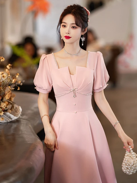 Rosa vestido de dama de honra pérolas beading arco a linha vestido de noite simples  elegante mid-length festa vestidos de princesa - AliExpress