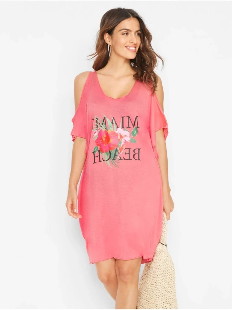 

2023 Sexy Letter Miami Beach Printed Round Neck Cold Shoulder Bats Sleeve Summer Mini Dress Cotton Tunic Women Beachwear Q868