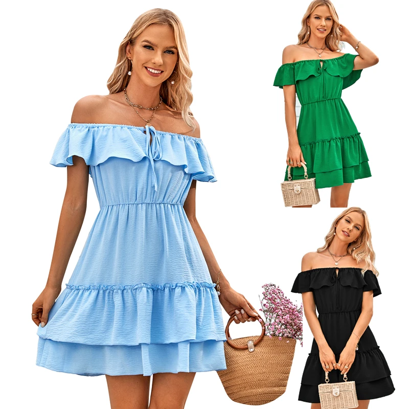 

Summer Elegant Off The Shoulder Short Sleeve Ruffle Flowy Mini A-line Short Skater Dresses For Women