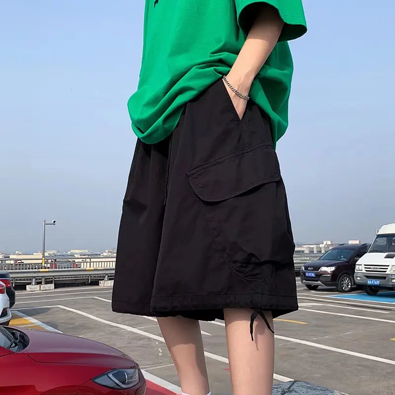 Men Cargo Drawstring Side Pocket Vintage Retro Shorts Ins Chic Amy Green Khaki Dance Ulzzang Harajuku Yamamoto Style Shorts