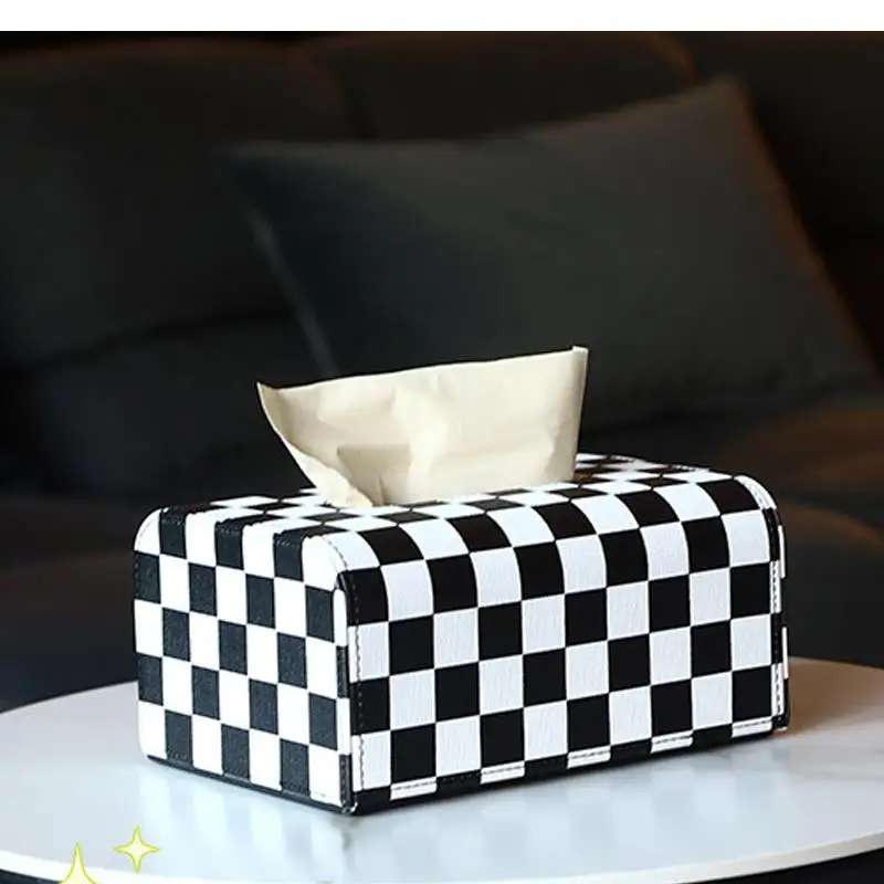 

Checkerboard Tissue Box Black and White Plaid Living Room Light Luxury High-end Car High-end Woven Paper Box Home Decoration