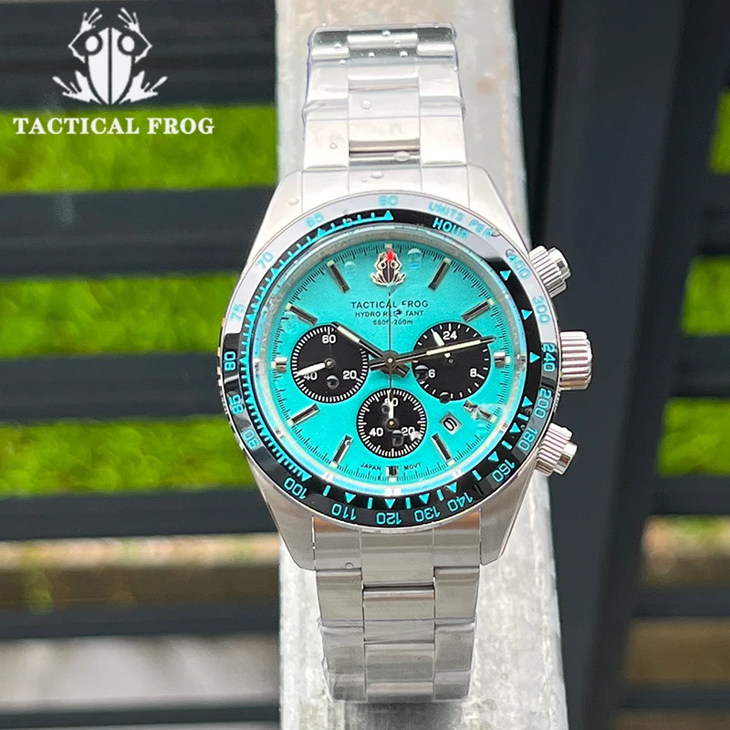 

Tactical Frog Watch For Men 41mm Panda Chronograph VS75A Solar Quartz Movement Sapphire C3 Luminous 200M Waterproof Men's Watch