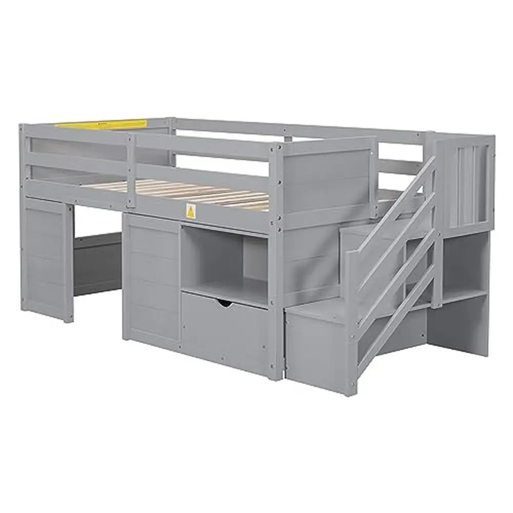 Twin Size Wood Loft Bed with Storage Drawers and Stairs Modern Farmhouse Style Multifunctional Kid's Bed Durable and Safe Grey 6