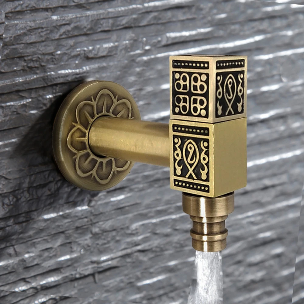 

Retro Carved Gold Brass Bibcock Wall Mount Faucet Washing Machine Single Cold Tap Luxury Decorations For Outdoor Garden Bathroom