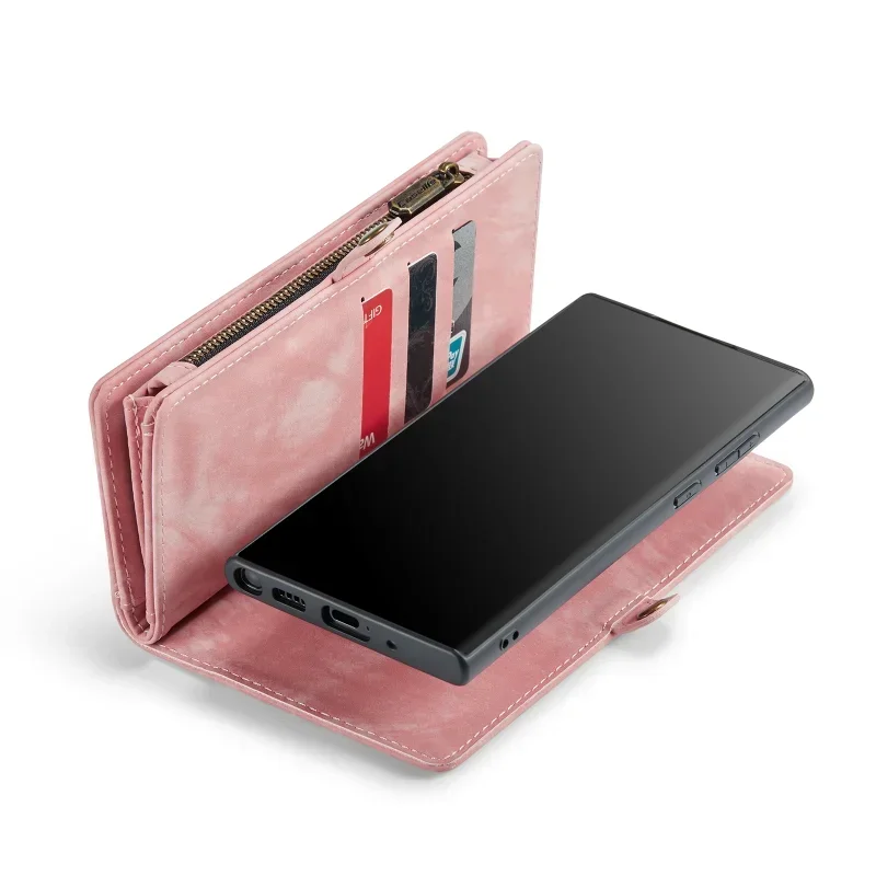 Magnetic Closure Leather Wallet Case for Samsung Note 10 Plus Note 20 Ultra Flip Cover Card Slots Zipper Pocket with Hand Strap