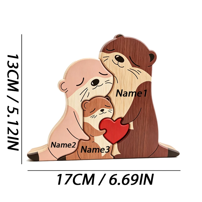 Charming Otter Family Wooden Puzzle Ornament with Red Heart - Perfect for Home or Office Décor and Thoughtful Gift