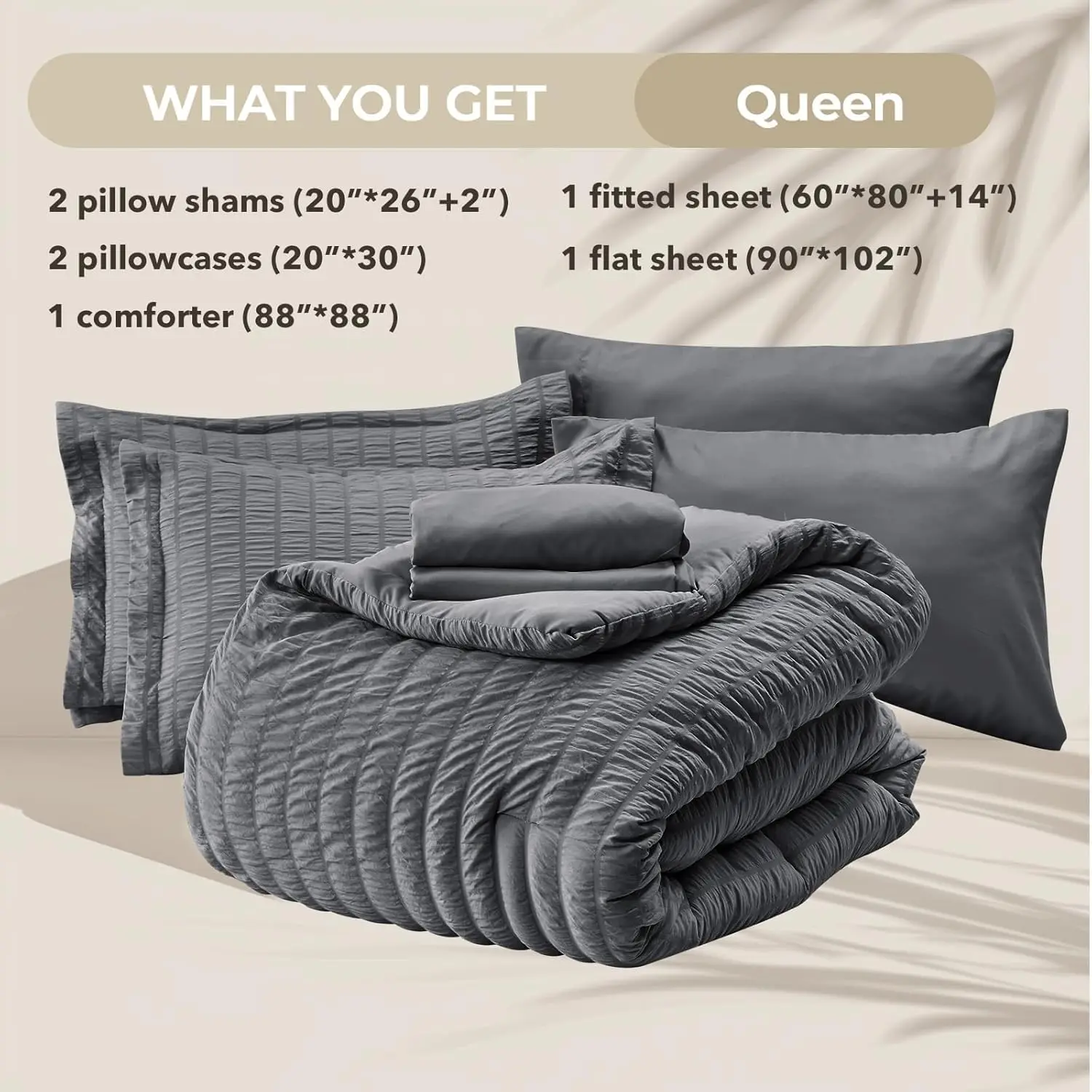 HYMOKEGE Queen Comforter Set Seersucker 7 Pieces, All Season Luxury Bed in a Bag for Bedroom, Bedding Set with Comforters 5
