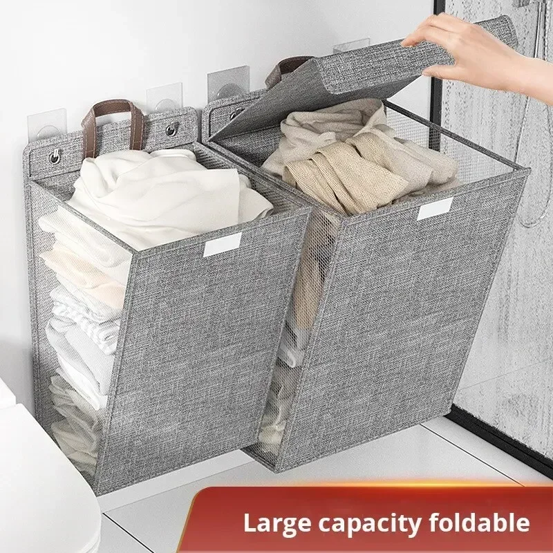 

1pc Foldable Adhesive Laundry Basket Hamper, Multifunctional Punch Free Wall Hanging Washing Clothes Mesh Hook Organizer