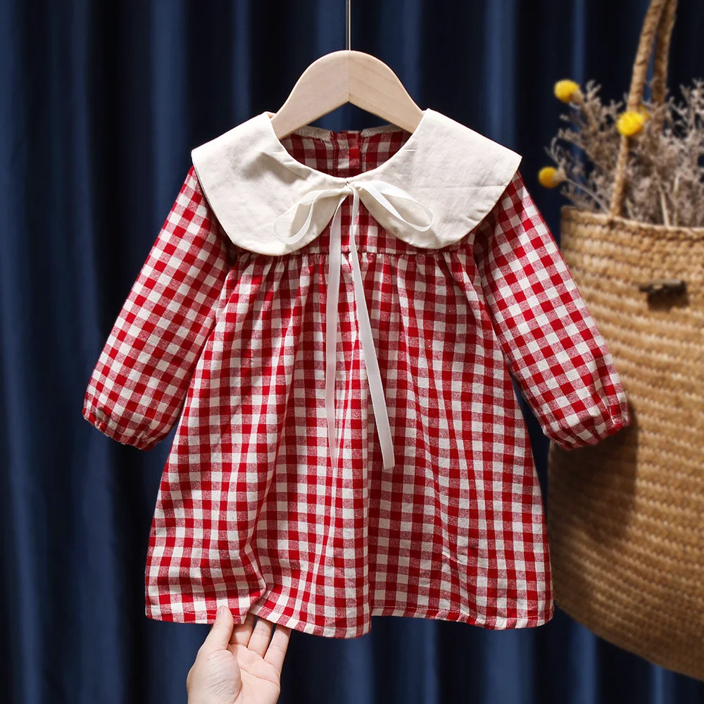 Plaid Dress for Baby Girls Peter Pan Collar Spring Summer Rainbow Dot Casual Frock Toddler Floral Ruffled Robe