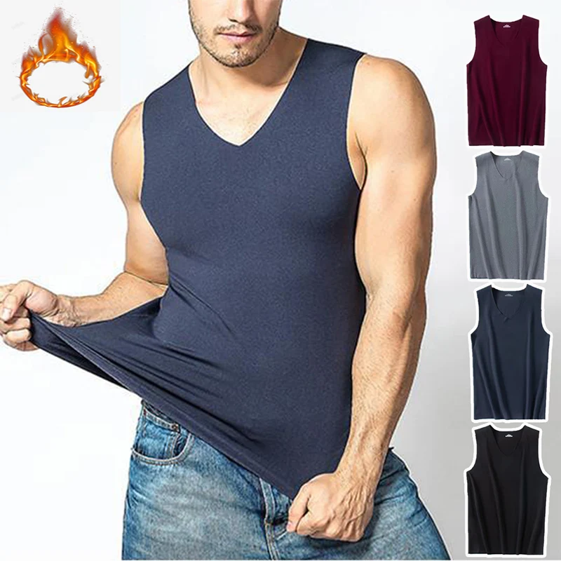 

Мужское бесшовное нижнее белье, зимнее теплое термобелье без рукавов, плюс бархатная мягкая футболка с V-образным вырезом, тонкая нижняя рубашка, термо